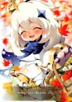  1girl aloe_(kenkou3733) apple asymmetrical_legwear basket blush cape closed_eyes dress eyelashes food fruit genshin_impact hair_between_eyes halo holding holding_basket leaf maple_leaf open_mouth paimon_(genshin_impact) pear scarf short_hair smile white_dress white_hair 