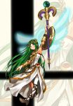  1girl aqua_eyes arm_up armlet bangle bangs belt belt_buckle bracelet bracer brown_belt brown_footwear buckle closed_mouth dress eyebrows_visible_through_hair full_body goddess green_hair high_heels highres holding holding_staff jewelry kid_icarus long_hair looking_up necklace nishikuromori palutena parted_bangs shield side_slit single_thighhigh smash_ball smile solo staff strapless strapless_dress super_smash_bros. thighhighs very_long_hair white_dress white_legwear zoom_layer 