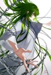  1boy chain closed_mouth enkidu_(fate/strange_fake) fate/strange_fake fate_(series) floating_hair foreshortening from_side green_eyes green_hair highres hoojiro long_hair long_sleeves male_focus outstretched_arms profile robe signature solo spread_arms standing very_long_hair white_robe wide_sleeves 