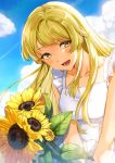  1girl :d bang_dream! bangs blonde_hair blush cloud day dress eyebrows_behind_hair flower frilled_straps highres holding holding_flower leaning_forward long_hair looking_to_the_side open_mouth outdoors sidelocks sky smile solo sundress sunflower swept_bangs symbol_commentary tiny_(tini3030) tsurumaki_kokoro upper_body white_dress yellow_eyes 