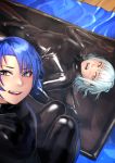  2boys blue_eyes blue_hair blush bodysuit embarrassed erection green_eyes highres kilye_4421 latex_bodysuit light_blue_hair looking_at_viewer multiple_boys open_mouth original penis skin_tight spread_legs testicles vacuum_bed wet wet_clothes 