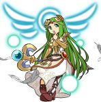  1girl aqua_eyes armlet bangs belt belt_buckle bracer brown_belt brown_footwear buckle circlet dress feathers full_body goddess green_hair high_heels highres holding holding_staff jewelry kid_icarus leg_up long_hair necklace nishikuromori palutena parted_bangs side_slit simple_background single_thighhigh solo staff strapless strapless_dress thighhighs very_long_hair white_background white_dress white_legwear 