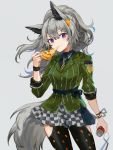  1girl animal_ears arknights bangs blue_shirt can checkered checkered_skirt clothing_cutout cowboy_shot eating food grani_(arknights) grani_(miraculous_moment)_(arknights) green_shirt grey_background hair_ornament hairclip highres holding holding_can holding_food holding_pizza horse_ears horse_tail leggings long_hair long_sleeves looking_at_viewer miniskirt necktie official_alternate_costume pizza pizza_slice ponytail purple_eyes shirt silver_hair simple_background skirt solo spacelongcat standing striped striped_shirt tail thigh_cutout vertical-striped_shirt vertical_stripes yellow_neckwear 