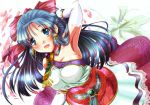  1girl b_dome blue_eyes blue_hair blush bow breasts dragon_quest dragon_quest_v dress earrings elbow_gloves flora_(dq5) flower gloves hair_bow half_updo hand_in_hair impossible_clothes impossible_dress jewelry large_breasts long_hair open_mouth petals pink_bow smile solo white_gloves 