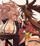  2girls arm_wrestling ass baiken bangs breasts brown_hair chinese_clothes cleavage collarbone commentary_request eyepatch facial_mark frills guilty_gear guilty_gear_xrd hair_ornament hairclip jako_(toyprn) japanese_clothes kuradoberi_jam large_breasts long_hair multiple_girls one-eyed open_mouth panties pink_hair ponytail skirt striped striped_panties table thighs tied_hair underwear 