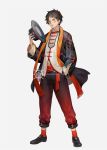  1boy black_footwear black_hair black_headwear chinese_clothes dywx_poison hand_in_pocket hat hat_removed headwear_removed holding holding_clothes holding_hat male_focus monkey_d_luffy one_piece orange_scarf pants red_pants scar scarf simple_background solo standing 
