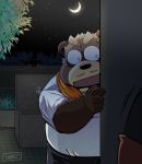  2020 anthro black_nose bodily_fluids bottomwear brown_body brown_fur canid canine clothing detailed_background fur kemono male mammal moon night outside overweight overweight_male pants raccoon_dog shirt solo_focus surprise sweat tanuki topwear toshi_(artist) towel 