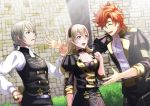  1girl 2boys :d alternate_costume blocking commentary_request corrin_(fire_emblem) corrin_(fire_emblem)_(female) fire_emblem fire_emblem:_three_houses fire_emblem_fates garreg_mach_monastery_uniform hand_on_weapon highres jakob_(fire_emblem) multiple_boys one_eye_closed open_mouth outstretched_arm sheath sheathed smile sukkirito_(rangusan) sylvain_jose_gautier wrist_grab 