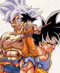  3boys abs arms_at_sides black_eyes black_hair blood blood_drip blood_from_mouth blood_on_face blue_footwear boots closed_mouth derivative_work dougi dragon_ball dragon_ball_super dragon_ball_z frown full_body grey_eyes grey_hair highres holding holding_weapon leaning leaning_forward looking_at_viewer looking_to_the_side multiple_boys multiple_persona muscle nagare_seiya nipples nyoibo official_style pectorals scratches serious shaded_face shiny shiny_hair shirt shirtless simple_background son_goku spiked_hair toriyama_akira_(style) torn_clothes torn_shirt ultra_instinct upper_body weapon white_background wristband 