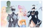  6+girls ? blue_background breasts character_request cleavage commentary earrings jewelry katana leotard lineage medium_breasts multiple_girls nier_(granblue_fantasy) nier_(series) nier_automata pointing pointing_at_self pointy_ears prywinko simple_background skindentation squiggle sword thick_thighs thighs weapon white_leotard yorha_no._2_type_b 