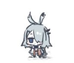  1girl animal_ears arknights bangs blue_eyes blush_stickers bunny_ears expressionless frostnova_(arknights) full_body hair_ornament hair_over_one_eye hairclip jacket long_hair looking_at_viewer silver_hair silver_jacket simple_background solo sukima_(crie) white_background 