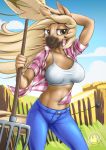  2020 anthro blonde_hair blue_bottomwear blue_clothing blue_jeans blue_pants bottomwear brown_eyes clothing cloud crop_top denim denim_clothing detailed_background digital_media_(artwork) equid equine female fence flannel front_view grass hair hand_behind_head hat headgear headwear hi_res holding_hat holding_object holding_tool horse jeans long_hair looking_at_viewer mammal midriff mysticalpha outside pants rake shirt sky sleeveless_shirt smile solo standing tan_body tank_top text tools topwear url white_clothing white_shirt white_topwear 