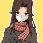 1girl alternate_costume black_gloves brown_coat brown_eyes brown_hair brown_scarf coat commentary_request facial_mask gloves hair_intakes highres jintsuu_(kantai_collection) kantai_collection long_hair looking_at_viewer masukuza_j scarf school_uniform serafuku solo winter_clothes yellow_background 