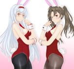  absurdres animal_ears black_legwear brown_eyes bunny_ears bunny_tail commentary_request cowboy_shot detached_collar gradient gradient_background grey_hair highres kantai_collection leotard long_hair necktie nitamago_(sakamalh) pantyhose pink_background playboy_bunny red_leotard red_neckwear shoukaku_(kantai_collection) strapless strapless_leotard tail thighband_pantyhose twintails white_background white_hair wrist_cuffs zuikaku_(kantai_collection) 