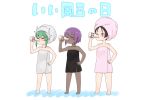  3girls =_= bangs bare_arms bare_shoulders barefoot black_hair blush bottle closed_eyes collarbone dark_skin dragon_horns drinking eyebrows_visible_through_hair fate/grand_order fate/prototype fate/prototype:_fragments_of_blue_and_silver fate_(series) green_hair hair_between_eyes hassan_of_serenity_(fate) highres holding holding_bottle horns i.u.y kiyohime_(fate/grand_order) milk_bottle minamoto_no_raikou_(fate/grand_order) multiple_girls naked_towel purple_hair standing towel towel_on_head translation_request white_background 