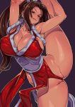  1girl breasts brown_eyes brown_hair cleavage closed_mouth collarbone dress fatal_fury flexible gradient gradient_background groin hair_intakes high_ponytail highres leg_up lips long_hair looking_at_viewer ninja pelvic_curtain pink_lips ponytail purple_background red_dress rope sash shimenawa shiranui_mai smile solo split standing standing_on_one_leg standing_split the_king_of_fighters thighs ueno_petarou very_long_hair wedgie 