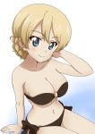  1girl bangs bikini black_bikini blonde_hair blue_eyes braid breasts cleavage closed_mouth commentary darjeeling_(girls_und_panzer) eyebrows_visible_through_hair girls_und_panzer hand_in_hair head_tilt kanau light_blush looking_at_viewer navel o-ring o-ring_bikini short_hair side-tie_bikini sitting smile solo strapless strapless_bikini swimsuit tied_hair twin_braids 