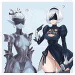  2girls ? blindfold breasts character_request cleavage commentary dark_elf_(lineage_2) earrings jewelry katana lineage lineage_2 medium_breasts multiple_girls nier_(granblue_fantasy) nier_(series) nier_automata pointing pointing_at_self pointy_ears prywinko squiggle sword thick_thighs thighs weapon yorha_no._2_type_b 