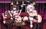  4girls alcohol animal_ears bangs black_hair black_legwear black_leotard blunt_bangs bow bowtie braid brown_eyes bucket bunny_ears bunny_tail champagne champagne_bottle champagne_flute commentary_request couch cup detached_collar douji drinking_glass full_moon grey_eyes highres houraisan_kaguya inaba_tewi leotard light_purple_hair long_hair looking_at_viewer lying moon multiple_girls on_stomach playboy_bunny red_eyes reisen_udongein_inaba short_hair silver_hair single_braid sitting strapless strapless_leotard tail thighhighs touhou very_long_hair window wrist_cuffs yagokoro_eirin 