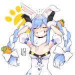  1girl absurdres animal_ear_fluff animal_ears arms_up artist_logo black_gloves blue_hair braid breasts bunny_ears bunny_pose carrot carrot_print cleavage closed_eyes detached_sleeves dress food_print fur-trimmed_gloves fur_trim gloves grin highres hololive pom_pom_(clothes) short_sleeves sidelocks simple_background smile solo strapless strapless_dress twin_braids unexistarts upper_body usada_pekora white_background white_dress white_hair 