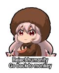  1girl :3 animal_costume chibi english_commentary english_text eyebrows_visible_through_hair fujiwara_no_mokou hair_between_eyes long_hair looking_at_viewer meme monkey monkey_costume red_eyes shangguan_feiying solo touhou very_long_hair 