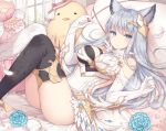  1girl animal_ears ass ayuanlv bare_shoulders bed black_legwear breasts dress elbow_gloves erune gloves granblue_fantasy grey_eyes hair_ornament hands_up highres korwa large_breasts legs_up long_hair looking_at_viewer lying mismatched_legwear on_back on_bed pillow short_dress sideless_outfit silver_hair smile solo stuffed_chicken thighhighs thighs white_dress white_gloves white_legwear 