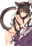  1girl absurdres animal_ear_fluff animal_ears black_hair black_panties bright_pupils cat_ears cat_tail closed_mouth collar dutch_angle eyebrows_visible_through_hair flat_chest green_eyes highres huge_filesize isekai_maou_to_shoukan_shoujo_no_dorei_majutsu long_hair looking_at_viewer lying non-web_source on_side panties rem_galeu scan side-tie_panties simple_background smile solo tail topless tsurusaki_takahiro underwear underwear_only untied untied_panties white_background 