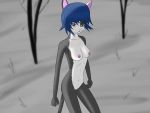  4:3 anthro black_body black_fur blue_hair breasts domestic_cat felid feline felis female forest fur hair high-angle_view looking_at_viewer mammal menacing silverbunny simple_background snow solo tree white_body white_fur 