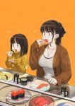  2girls black_hair breasts cleavage commentary_request conveyor_belt_sushi counter cup dish earrings eating eyebrows_visible_through_hair fish food hair_ribbon highres holding holding_food jacket jewelry jun_(seojh1029) multiple_girls necklace nigirizushi open_mouth original plate ponytail ribbon rice sitting soy_sauce sushi sweater tea teacup 