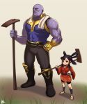  1boy 1girl :t avengers avengers:_infinity_war black_hair boots brown_background brown_eyes commentary_request hand_on_hip highres infinity_gauntlet jmg long_hair marvel purple_skin sakuna-hime signature simple_background standing tensui_no_sakuna-hime thanos 