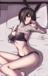  1girl bangs black_bra black_hair black_panties blush bra breasts cleavage clothes_lift elfenlied22 fate_(series) head_wings highres large_breasts long_sleeves looking_at_viewer navel open_mouth ortlinde_(fate/grand_order) panties pillow red_eyes ribbed_sweater short_hair sweater sweater_lift thighs turtleneck turtleneck_sweater underwear valkyrie_(fate/grand_order) white_sweater 