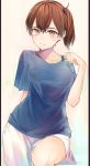  1girl absurdres alternate_costume blue_shirt breasts brown_eyes brown_hair closed_mouth collarbone hair_between_eyes highres kaga_(kantai_collection) kantai_collection kumanoko large_breasts long_hair looking_at_viewer shirt short_sleeves shorts side_ponytail solo white_shorts 