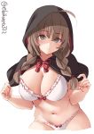  1girl bra braid breasts brown_eyes brown_hair capelet cowboy_shot duplicate ebifurya eyebrows_visible_through_hair hair_between_eyes highres hood hood_up hooded_capelet kantai_collection large_breasts long_hair looking_at_viewer navel panties red_ribbon ribbon shinshuu_maru_(kantai_collection) simple_background solo twin_braids twitter_username underwear white_background white_bra white_panties 