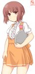  1girl alternate_costume anna_miller apron artist_logo badge blouse brown_eyes brown_hair commentary_request cowboy_shot dated employee_uniform frilled_blouse highres kanon_(kurogane_knights) kantai_collection looking_at_viewer name_tag orange_apron orange_skirt short_hair short_sleeves simple_background skirt solo uniform waitress white_background white_blouse z3_max_schultz_(kantai_collection) 