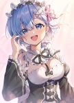  1girl :d bangs black_ribbon blue_eyes blue_hair blush bow breasts chyoling cleavage commentary_request detached_sleeves dress eyebrows_visible_through_hair frilled_sleeves frills hair_ornament hair_over_one_eye hair_ribbon hand_up large_breasts long_sleeves looking_at_viewer maid maid_headdress medium_breasts open_mouth pink_ribbon re:zero_kara_hajimeru_isekai_seikatsu rem_(re:zero) ribbon roswaal_mansion_maid_uniform short_hair smile solo teeth upper_body wide_sleeves x_hair_ornament 