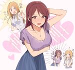  &gt;_&lt; 2girls arm_behind_head arm_under_breasts bangs blonde_hair blouse blue_skirt blush breast_hold breasts brown_hair cleavage collarbone embarrassed eyebrows_visible_through_hair heart idolmaster idolmaster_cinderella_girls idolmaster_million_live! jewelry large_breasts long_hair looking_at_viewer mifune_miyu momose_(oqo) momose_rio multiple_girls necklace open_mouth pointing purple_blouse ringed_eyes scoop_neck shirt short_sleeves skirt sleeveless sleeveless_shirt sparks sweat sweating_profusely translation_request v-shaped_eyebrows white_background white_shirt 
