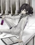  1boy bangs binder black_hair bottle checkered checkered_neckwear checkered_scarf danganronpa eyebrows_visible_through_hair fanta hair_between_eyes highres holding iumi_urura long_sleeves male_focus new_danganronpa_v3 ouma_kokichi scarf sitting smile soda_bottle solo straitjacket 