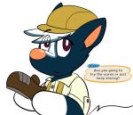  animal_crossing anthro clothing dialogue english_text footwear joltink kicks_(animal_crossing) looking_at_viewer male mammal mephitid nintendo shoes simple_background skunk solo speech_bubble stare text video_games white_background 