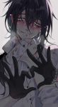  1boy anger_vein black_gloves black_hair bleeding blood blue_eyes character_request dirty dirty_clothes ensemble_stars! gloves hair_between_eyes hands heart heart_hands highres ibex long_hair looking_at_viewer male_focus shirt solo_focus white_shirt 