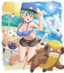  1girl absurdres alternate_costume bangs beach beach_umbrella blue_headwear breasts brown_eyes cleavage cloud collarbone commentary_request cup day drinking_straw eyelashes food fruit gen_7_pokemon glass green_hair gumshoos hair_between_eyes hand_on_headwear hat highres holding holding_cup jenny_(pokemon) lemon lemon_slice liquid long_hair navel nihilego open_mouth outdoors palm_tree pokemoa pokemon pokemon_(anime) pokemon_(creature) pokemon_sm_(anime) pyukumuku sand sandals shore short_shorts shorts sky standing table tied_hair toes tongue tree ultra_beast umbrella water yellow_footwear 