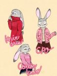  2020 3:4 anthro bottomwear breasts cheek_tuft clothed clothing dipstick_ears disney ears_down english_text eyes_closed facial_tuft female fully_clothed fur grey_body grey_fur hand_in_pocket jacket judy_hopps lagomorph leporid mammal moromorowephi multicolored_ears multiple_poses pivoted_ears pockets pose purple_eyes rabbit simple_background skirt small_breasts smile solo sweater tan_background text topwear tuft zootopia 