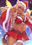  1girl absurdres animal_ear_fluff animal_ears bangs bare_shoulders bell bell_choker blonde_hair breasts choker claw_pose cleavage collarbone dark_skin dark_skinned_female detached_sleeves energy_wings fate/grand_order fate/grand_order_arcade fate_(series) fox_ears fox_girl fox_tail fur_trim gu_li gyaru hat highres large_breasts long_hair looking_at_viewer night night_sky open_mouth santa_costume santa_hat sky smile suzuka_gozen_(fate) suzuka_gozen_(santa)_(fate) tail tan v wide_sleeves wings 