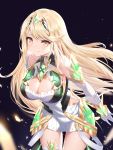  1girl absurdres armor arms_behind_back bare_shoulders blonde_hair blush breasts chest_jewel cleavage cleavage_cutout closed_mouth clothing_cutout cowboy_shot dark_background dress elbow_gloves faulds gloves gradient gradient_background hand_on_own_arm highres large_breasts leaning_forward long_hair looking_at_viewer mythra_(xenoblade) neon_trim roi_(liu_tian) short_dress shoulder_armor sleeveless sleeveless_dress smile solo straight_hair thigh_strap thighs tiara very_long_hair white_dress white_gloves xenoblade_chronicles_(series) xenoblade_chronicles_2 yellow_eyes 