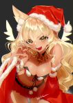  1girl animal_ear_fluff animal_ears bangs bare_shoulders bell bell_choker blonde_hair blush breasts choker claw_pose cleavage collarbone dark_skin dark_skinned_female detached_sleeves energy_wings fate/grand_order fate/grand_order_arcade fate_(series) fox_ears fox_girl fur_trim galibo gyaru hat highres large_breasts leaning_forward long_hair looking_at_viewer open_mouth santa_costume santa_hat smile suzuka_gozen_(fate) suzuka_gozen_(santa)_(fate) tail tan wide_sleeves wings 