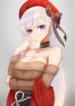  1girl absurdres aran_sweater azur_lane bangs bare_shoulders belfast_(azur_lane) belfast_(shopping_with_the_head_maid)_(azur_lane) beret black_bow black_choker bow breasts brown_sweater choker cleavage collarbone commentary der_zweite earrings eyebrows_visible_through_hair grey_background hair_bow hand_up hat highres hoop_earrings jewelry large_breasts long_hair long_sleeves looking_at_viewer off-shoulder_sweater off_shoulder official_alternate_costume purple_eyes red_headwear silver_hair smile solo sweater upper_body very_long_hair 