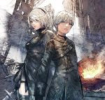  1boy 1girl black_dress black_gloves black_hairband black_jacket boots choker cleavage_cutout clothing_cutout commentary_request dress feather-trimmed_sleeves feather_trim fire gloves hairband highres holding holding_sword holding_weapon jacket juliet_sleeves long_sleeves machinery mole mole_under_mouth nier_(series) nier_automata no_blindfold outdoors patterned_clothing puffy_sleeves short_hair shukei smoke square_enix sword thigh_boots thighhighs weapon white_hair wreckage yorha_no._2_type_b yorha_no._9_type_s 