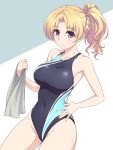  1girl black_swimsuit blonde_hair braid breasts commentary_request competition_swimsuit cowboy_shot french_braid grey_background idolmaster idolmaster_cinderella_girls kiryuu_tsukasa_(idolmaster) long_hair looking_at_viewer medium_breasts one-piece_swimsuit pataneet ponytail purple_eyes solo standing swimsuit towel two-tone_background wavy_hair white_background white_towel 