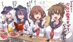  4girls absurdres akatsuki_(kantai_collection) alternate_breast_size anchor_symbol black_eyes black_hair black_legwear black_sailor_collar blue_eyes breasts brown_eyes brown_hair closed_eyes commentary_request envelope flat_cap folded_ponytail food hair_ornament hairclip hat hibiki_(kantai_collection) highres ikazuchi_(kantai_collection) inazuma_(kantai_collection) kantai_collection kokutou_nikke long_hair long_sleeves meat medium_breasts menu multiple_girls nanodesu_(phrase) neckerchief older red_neckwear sailor_collar school_uniform serafuku shaded_face shirt short_hair silver_hair translated upper_body white_shirt yakiniku 