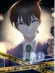  1boy absurdres black_hair blue_eyes blurry blurry_background brown_hair caution_tape closed_mouth commentary_request face gun hair_between_eyes handgun highres holding holding_weapon junkt729 keep_out kudou_shin&#039;ichi looking_at_viewer male_focus meitantei_conan necktie revolver shirt short_hair smile solo translation_request upper_body weapon white_shirt 
