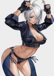  1girl absurdres ahoge angel_(kof) arched_back bangs black_gloves black_jacket blue_eyes boots breasts chaps cleavage cropped_jacket fingerless_gloves gloves gradient gradient_background hair_over_one_eye hands_up highres jacket large_breasts looking_at_viewer midriff short_hair silver_hair smile solo the_king_of_fighters thighs yoshio_(55level) 